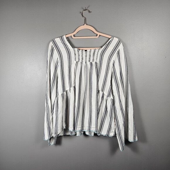 Wrangler Retro Top Womens L White Stripe Embroidered Bell Sleeve Smocked Boho - Picture 2 of 6